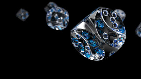 Rolling blue-clear dices under black background. Concept image of casino, stock trading and establishment, etc. 3D CG. 3D illustration. 3D high quality rendering.の写真素材