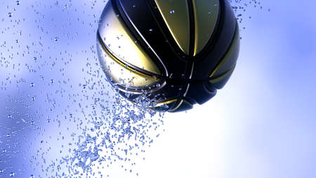 Black-Gold Basketball with Diamond Water Particles under Blue Sky Lighting Background. 3D illustration. 3D high quality rendering. 3D CG.の写真素材