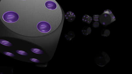 Rolling black-purple dices under black-white flash background. 3D CG. 3D illustration. 3D high quality rendering.の写真素材