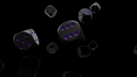 Rolling black-purple dices under black-white flash background. 3D CG. 3D illustration. 3D high quality rendering.の写真素材