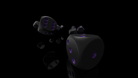 Rolling black-purple dices under black-white flash background. 3D CG. 3D illustration. 3D high quality rendering.の写真素材