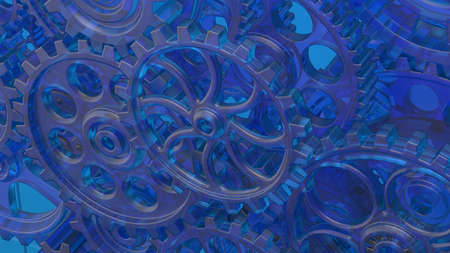 Mechanism clear blue gears and cogs at work on sky blue plate under spot light background....