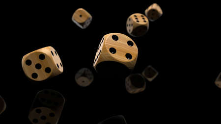 Rolling wood-black dices under black-white flash background. 3D CG. 3D illustration. 3D high quality rendering.の写真素材