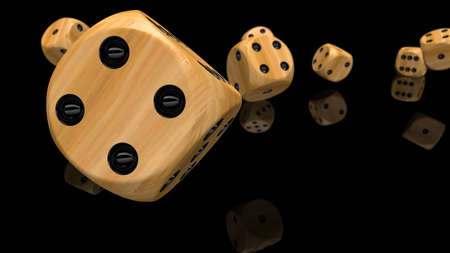 Rolling wood-black dices under black-white flash background. 3D CG. 3D illustration. 3D high quality rendering.の写真素材