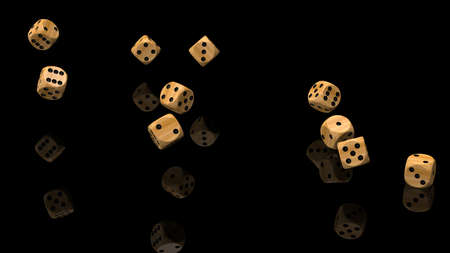 Rolling wood-black dices under black-white flash background. 3D CG. 3D illustration. 3D high quality...