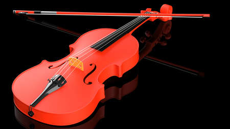 Orange-Gold classic violin on black plate under spot lighting background. 3D sketch design and illustration. 3D high quality rendering.の写真素材