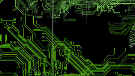 Circuit technology green line under black background with hi-tech digital data connection system and computer electronic desing. 3D illustration. 3D CG.の写真素材