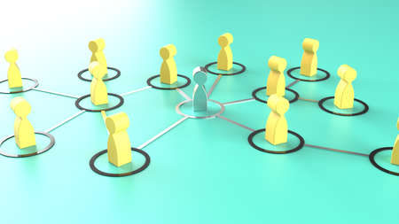 Chain of yellow human figurines connected by silver lines on green plate. Cooperation and interaction between people and employees. Dissemination of information in society, rumors. 3D illustration.の写真素材