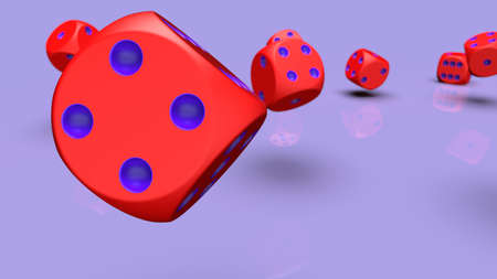 Rolling red-purple dices under purple plane background. 3D CG. 3D illustration. 3D high quality rendering.の写真素材