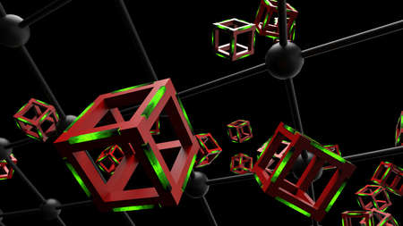 Green illuminated Hot Iron Red Cube with Atom Plane Structure under Black Background. Block-chain...
