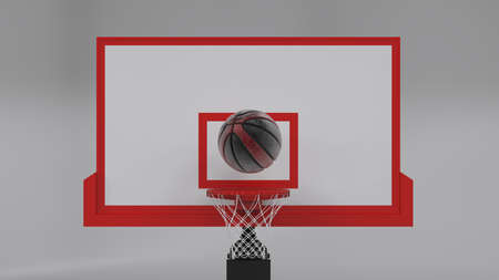 Scratched Metallic Black-Red Basketball and Basketball Goal Plate under spot lighting background. 3D CG. 3D sketch design and illustration. 3D high quality rendering.の写真素材