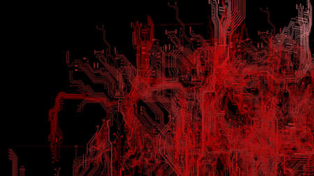 Circuit technology red line under black background with hi-tech digital data connection system and computer electronic desing. 3D illustration. 3D CG.の写真素材