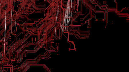 Circuit technology red line under black background with hi-tech digital data connection system and computer electronic desing. 3D illustration. 3D CG.の写真素材
