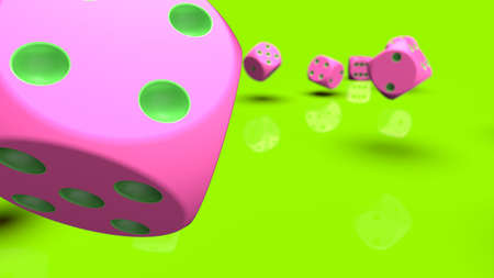 Rolling pink-green dices under lime green plane background. 3D CG. 3D illustration. 3D high quality rendering.の写真素材