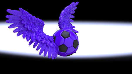 Black-purple soccer ball with the purple Wings under flash light background. 3D CG. 3D illustration....