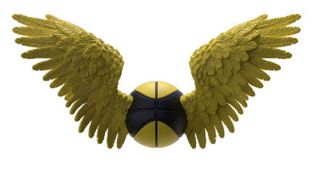 Black-yellow basketball with the yellow Wings under black-white lighting background. 3D...