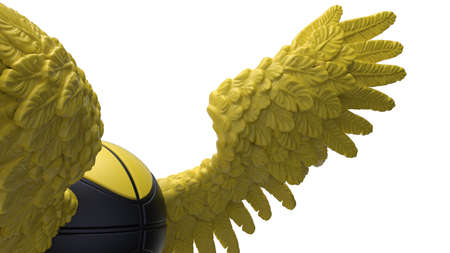 Black-yellow basketball with the yellow Wings under black-white lighting background. 3D illustration. 3D high quality rendering.の写真素材