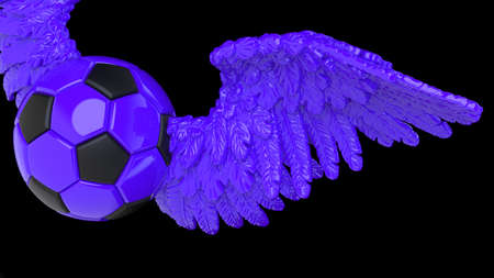Black-purple soccer ball with the purple Wings under flash light background. 3D CG. 3D illustration....