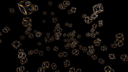 Orange illuminated black panted Cube under black background. Block chain network technology concept...