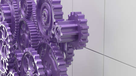 Mechanism purple metallic gears and cogs at work on white plate under spot light background....
