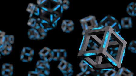 Blue illuminated carbon fiber reinforced cube under black background. Block chain network technology concept illustration. 3D illustration. 3D CG. 3D high quality rendering.の写真素材