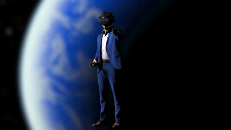 Businessman in elegant blue suit with VR headset and controller taking part in virtual conference...