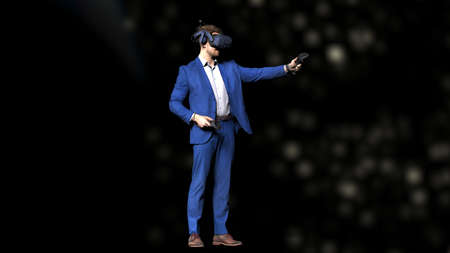 Businessman in elegant blue suit with VR headset and controller taking part in virtual conference under outer space. 3D CG. 3D illustration. 3D high quality rendering.の写真素材
