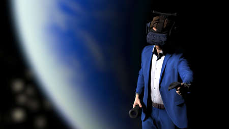 Businessman in elegant blue suit with VR headset and controller taking part in virtual conference under outer space. 3D CG. 3D illustration. 3D high quality rendering.の写真素材