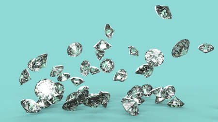 Shiny Diamonds falling under light green lighting. 3D illustration. 3D CG. 3D high quality rendering.の写真素材