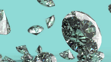 Shiny Diamonds falling under light green lighting. 3D illustration. 3D CG. 3D high quality rendering.の写真素材