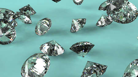 Shiny Diamonds falling under light green lighting. 3D illustration. 3D CG. 3D high quality rendering.の写真素材