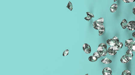Shiny Diamonds falling under light green lighting. 3D illustration. 3D CG. 3D high quality rendering.の写真素材