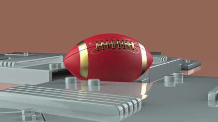 Red-gold american foot ball on gray painted mechanical plates under dark pink lighting background. 3D illustration. 3D high quality rendering.の写真素材