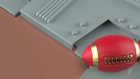 Red-gold american foot ball on gray painted mechanical plates under dark pink lighting background. 3D illustration. 3D high quality rendering.の写真素材