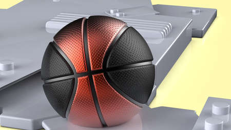 Black-Orange Basketball on Silver Painted Plates. 3D illustration. 3D CG. High resolution.の写真素材