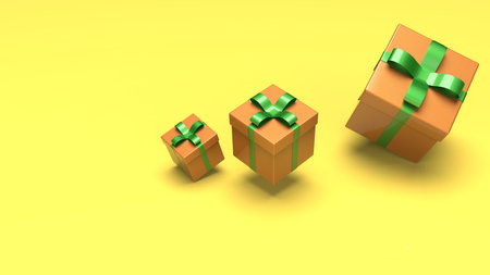 Red closed gift boxes with yellow ribbon on dark blue background. 3D illustration. 3D CG. 3D high...