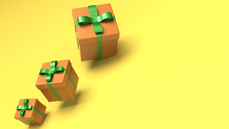 Orange closed gift boxes with green ribbon on yellow background. 3D illustration. 3D CG. 3D high quality rendering.の写真素材