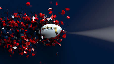 Gold-White American Foot ball on cracked re-blue wall under black background. 3D illustration. 3D high quality rendering. 3D CG.の写真素材