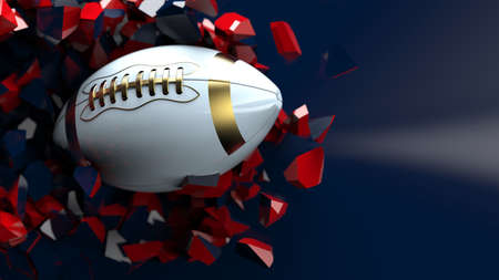 Gold-White American Foot ball on cracked re-blue wall under black background. 3D illustration. 3D high quality rendering. 3D CG.の写真素材