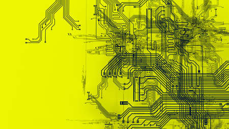 Circuit technology dark blue line under yellow background with hi-tech digital data connection system and computer electronic desing. 3D illustration. 3D CG. High quality rendering.の写真素材
