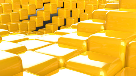 Abstract background with waves made of a lot of yellow cubes geometry primitive forms that goes up and down under black-white lighting. 3D illustration. 3D CG. High resolution.の写真素材