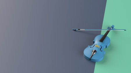 Blue-Gold classic violin on blue-green plane under spot lighting background. 3D sketch design and illustration. 3D high quality rendering.の写真素材