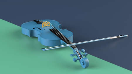Blue-Gold classic violin on blue-green plane under spot lighting background. 3D sketch design and illustration. 3D high quality rendering.の写真素材