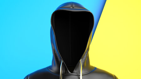 Anonymous hacker with black color hoodie in shadow under blue-yellow background. Dangerous criminal concept image. 3D CG. 3D illustration. 3D high quality rendering.の写真素材