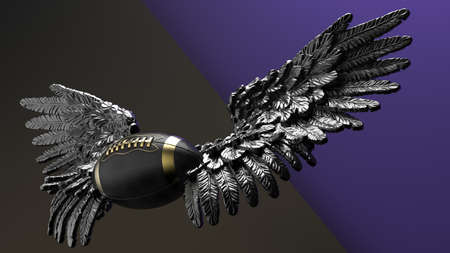 Black-gold american football with the metallic black wings under brown-purple plane background. 3D...
