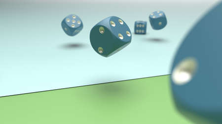 Rolling blue-white dices on lime green and sky blue planes background. 3D CG. 3D illustration. 3D high quality rendering.の写真素材