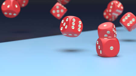 Rolling red-white dices on dark blue and light blue planes background. 3D CG. 3D illustration. 3D high quality rendering.の写真素材