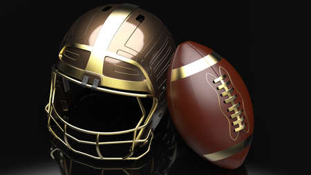 American football Gold-Blown helmet and Gold-Blown Ball under black laser lighting. 3D illustration. 3D CG. 3D high quality rendering.の写真素材