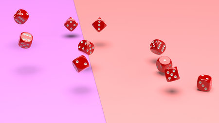 Rolling red-white dices on purple and pink planes background. 3D CG. 3D illustration. 3D high...