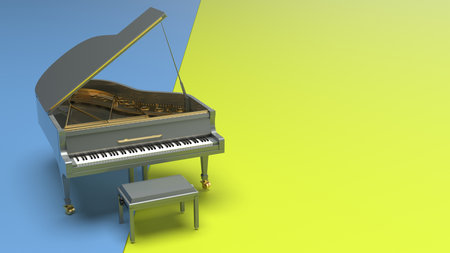 Silver-Gold Grand Piano on yellow-sky blue background. 3D illustration. 3D CG. 3D high quality rendering.の写真素材